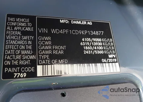 2019 Mercedes-Benz Sprinter 2500 High Roof V6 z USA, uszkodzony, nr VIN WD4PF1CD9KP134877